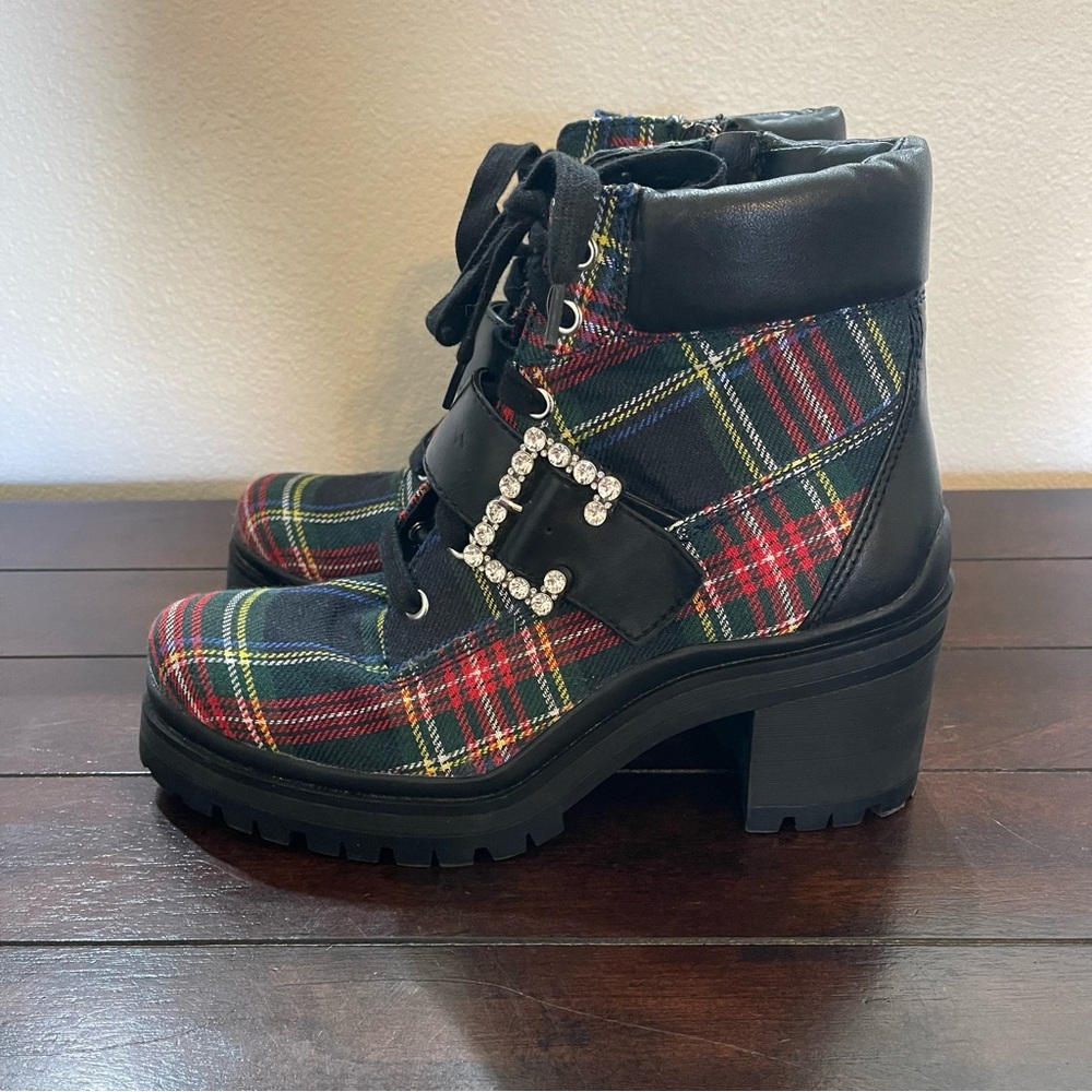 Gianni Bini Women’s 8M Pop Star Plaid Chunky Booties Rhinestone Buckle Punk NWOB